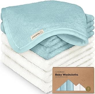 6-Pack Baby Washcloths – Soft Absorbent Viscose from Bamboo Washcloths for Face, Body, Baby Towels for Newborn, Kids, Toddlers, Infant, Gentle on Sensitive Skin, 10x10 Reusable Face Towels (White/Sky)