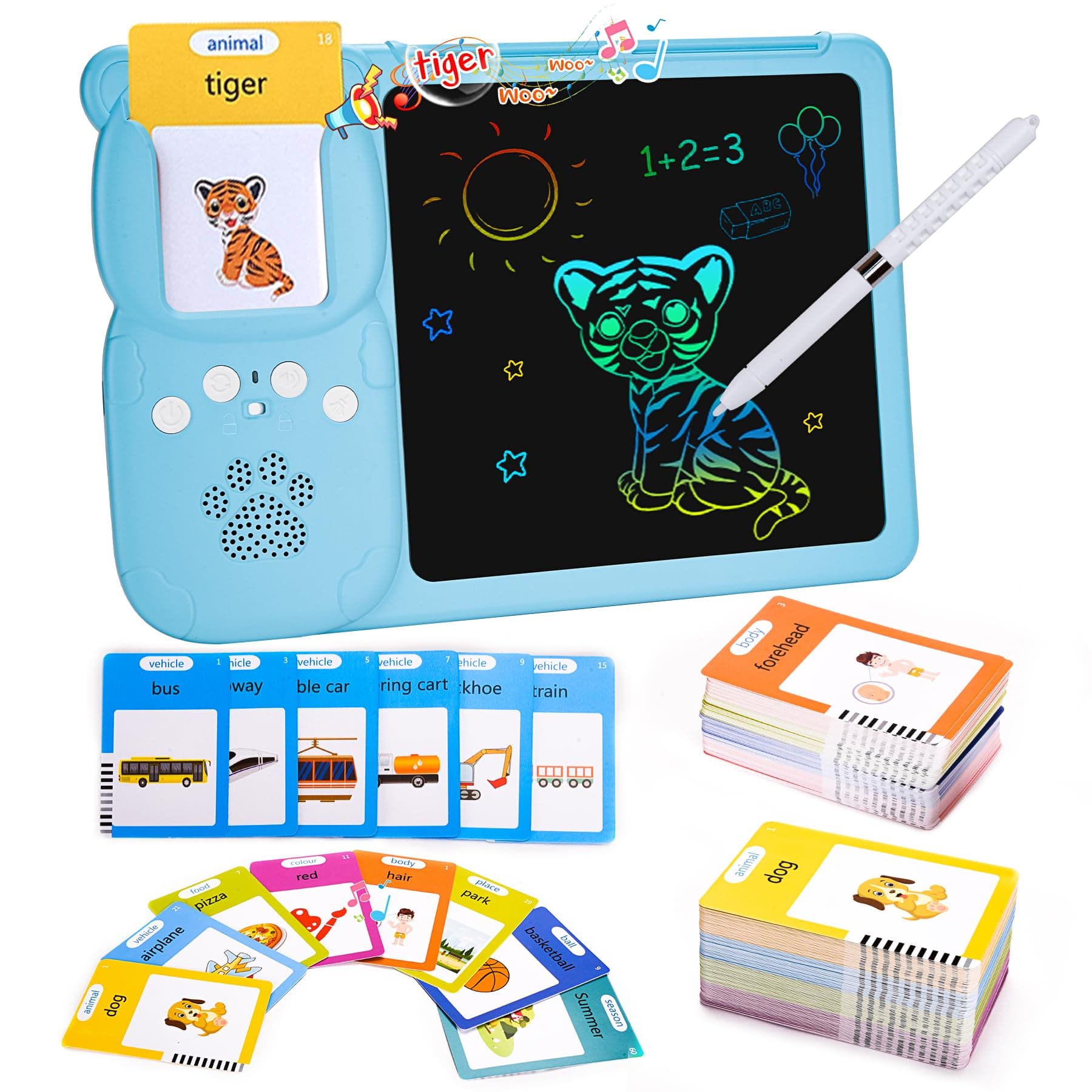 UUEMB 510 Words Talking Flash Cards with LCD Writing Tablet for 2 3 4 5 6 7 Year Old Boys and Girls Kids, Toddlers Learning Educational, Autism Sensory Toy for Autistic Children, Blue