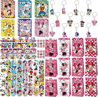 Party Bag Fillers for Kids, 66PCS Kids' Party Favours 16 Stickers 12 Paper Party Bags 12 Keyrings 12 Snap Bands for Kids Party Childrens Party Bag Fillers Stocking Fillers for Boys Girls