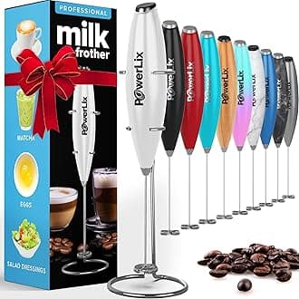 PowerLix Milk Forma Milk Frother Creamer Electric Mini Mini Ultra Light Quiet Hand Mixer with Stainless Steel Stand 15-20 Seconds Powerful 19001rpm Drink Mixer Coffee Latte Cappuccino Hot Chocolate