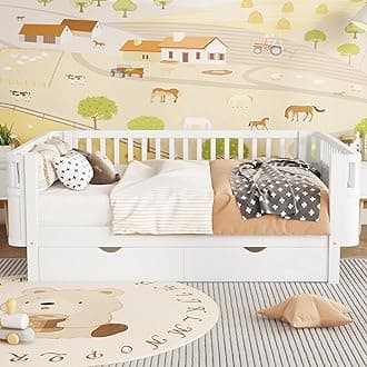 KEIKI Full Size Wooden Floor Day Bed w/Large Storage Drawers, Space Saving Corner Platform Daybed Frame, Removable Safety Rail, Montessori Kids Beds for Boys Girls Bedroom, No Box Spring Needed, White