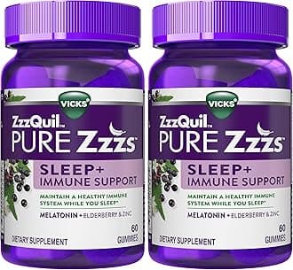 ZzzQuil Pure Zzzs Sleep + Immune Support Melatonin Sleep Aid Gummies with Elderberry, Zinc, Chamomile, Lavender, & Valerian Root, 1mg per Gummy, 60 ct (Pack of 2)
