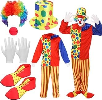 7 Pcs Clown Costumes Set Includes Shoes, Nose, Hat, Wig, Gloves for Adults Carnival Clown Costumes
