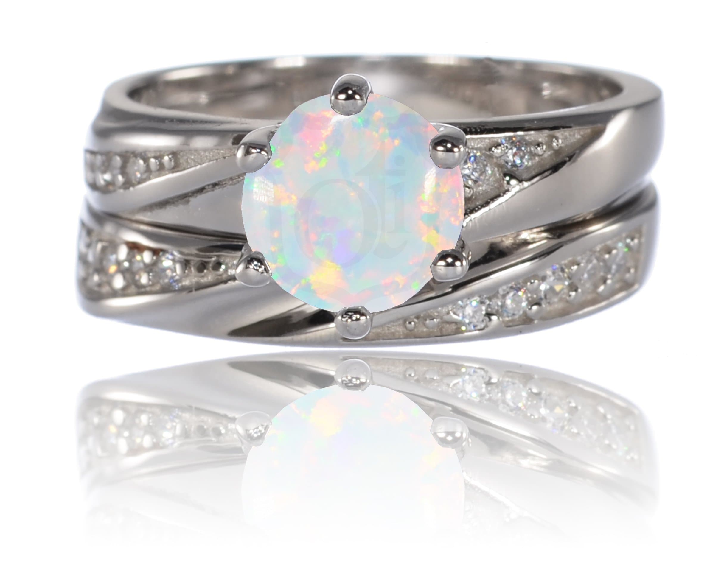 Infinity Simulated White Fire Opal with CZ Round Engagement Ring Set Sterling Silver