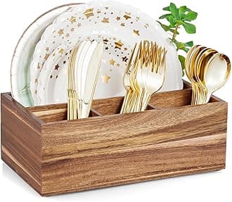 DRASTAR Paper Plate Dispenser, Acacia Utensil Caddy Organizer, Large Silverware Holder for Party, Paper Plate Organizer, Kitchen Utensil Caddy for Party Picnic Camping