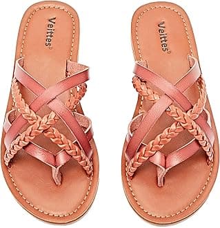 Veittes Women's Flat Slide Sandals - Fashion Slip On Braided Plait Toe Thong Strappy Spring Summer Shoes.