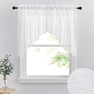 RYB HOME Window Topper Curtains - Short Kitchen Curtains and Valances Set, Privacy White Linen Sheer Swag Curtains, Semi Sheer Bathroom Curtains Tiers for Small Window, Wide 36 x Long 36 inch, 1 Pair
