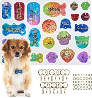 Konrisa Pet Tag Resin Molds, Silicone Molds for Resin Casting Pet Collar Tags Dog Cat Name, Keychain Resin Molds with 15Pcs Keychains Ring Making Tag Charm Pendant Jewelry Making Epoxy Molds