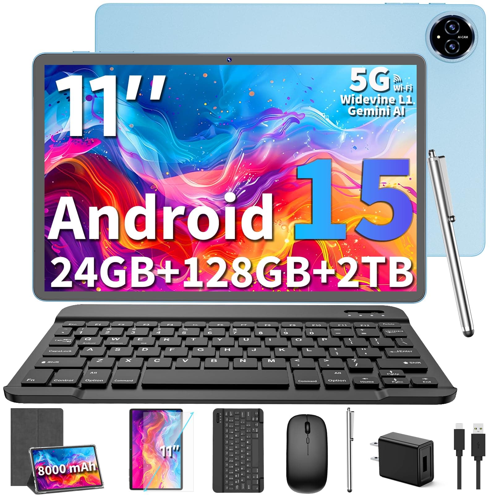2026 Upgraded Android 15 Tablet, 11 inch Tablets with Keyboard, 24GB+128GB+2TB Expand, Octa-Core, 8000mAh, Gemini AI, 5G/2.4G WiFi, BT5.0, GMS, GPS, 2 in 1 Tablets with Case, Mouse, Stylus(Silver)