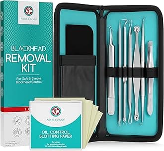 Medi Grade Blackhead Remover Tools - Effective Spot Treatment Popping Kit for Acne Prone Skin - 7 Skincare Tools with 50 Sheets of Oil Absorbing Blotting Paper, Pimple Popper Spot Treatment Kit
