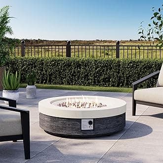 42" Outdoor Propane Fire Pit Table Round Gas Fire Pit Table with Concrete & Wood Grain Design, 50000BTU Electronic Ignition Fire Tables for Patio, Backyard, Garden Heating