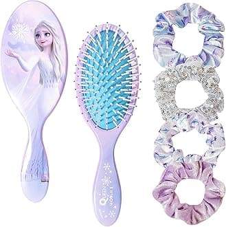 Frozen Princess Elsa Hair Accessory 5 Pcs Set - 1 Regular 9 inch Frozen Hairbrush & 4 Frozen Scrunchies - Detangling Brush & Elastic Hair Ties Ropes for Girls, Ages 3+
