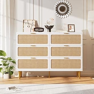 GarveeHome Rattan 6 Drawer Dressers for Bedroom, Large Double Dresser with Deep Drawers, Chest of Drawers for Closet with Wide Top, Long Wooden Dresser for Living Room, Hallway, Kids Room, White