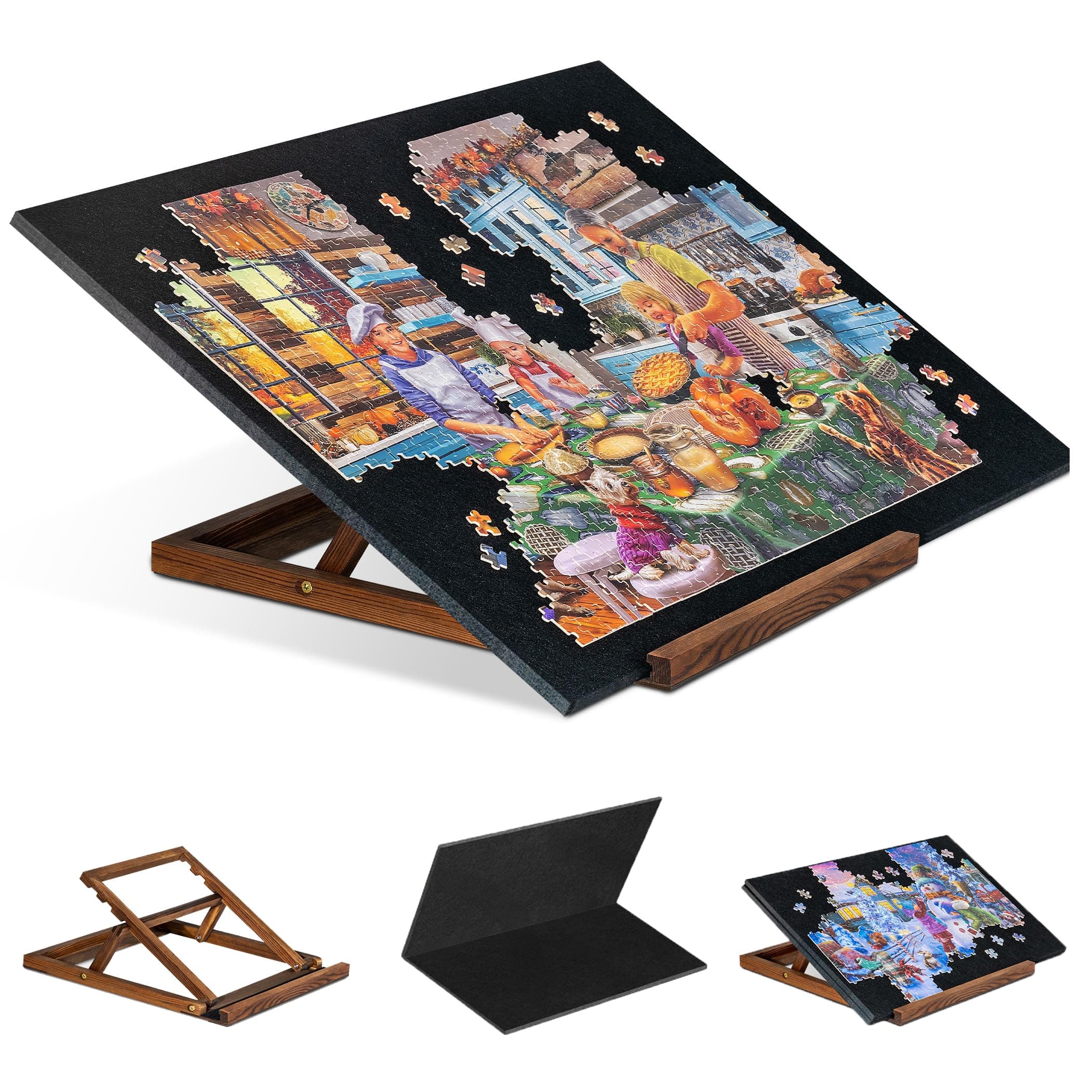Tektalk Foldable Jigsaw Puzzle Board with 3 Angle Adjustable Bracket/Stand, Lightweight Portable Puzzle Mat Plateau with Wooden Easel, Foldaway Felt Puzzle Table, for Up to 1000 Pieces - Black