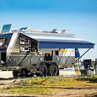 YESCAMP Manual RV Awning Complete Kit Retractable Camper Awning for RV or Trailers RV Roll Out Awning for Camper or 5th Wheel,Travel Trailers,Toy Haulers,Motohome(20Ft,Black Frame,Blue Stripe)