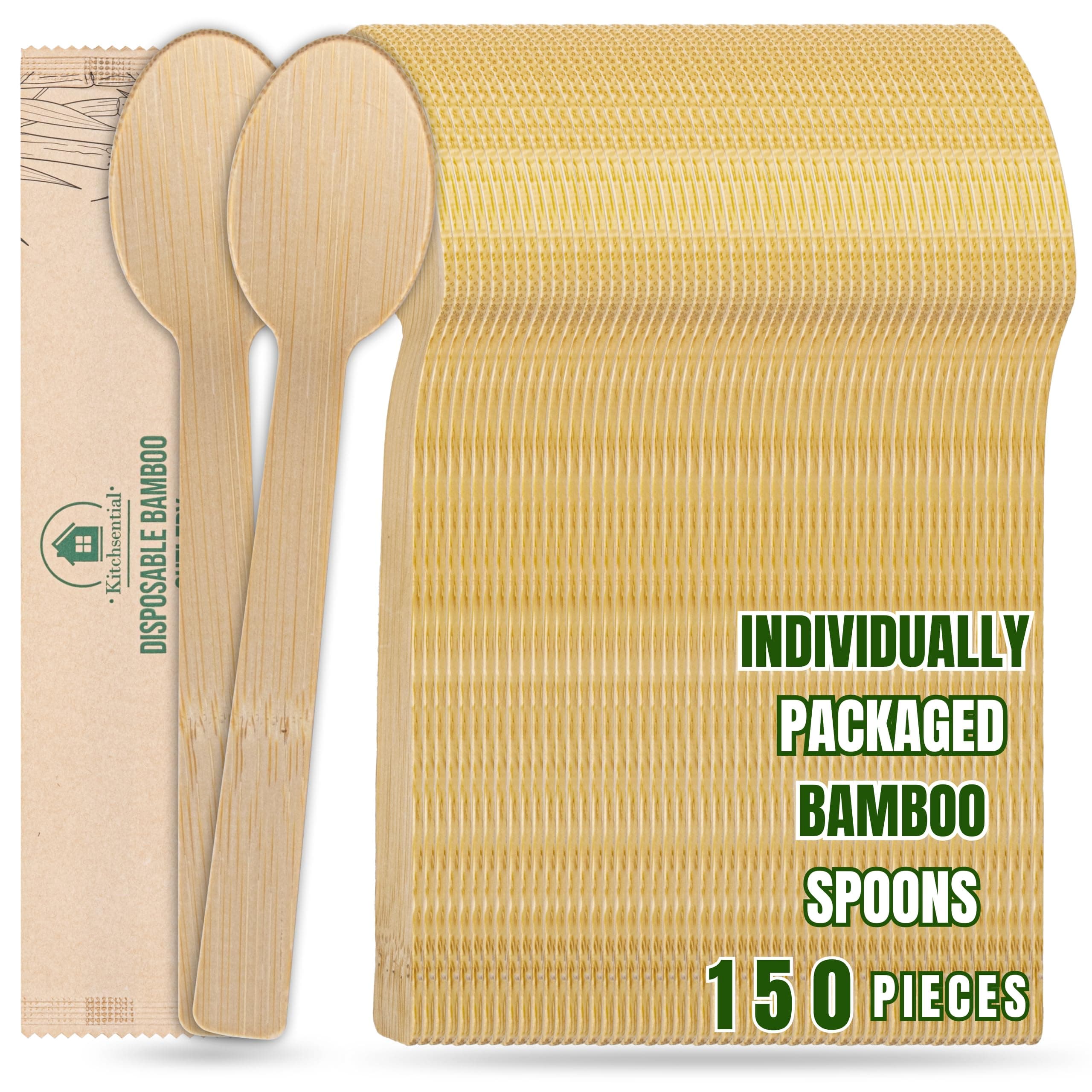 Bamboo Spoons 150 Individually Wrapped Disposable Bamboo Flatware