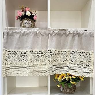 Rustic Boho Curtain Valance for Kitchen Window Farmhouse Handmade Crochet Lace Splicing Cotton Fabric Curtain Tiers for Coffee Decor Rod Pocket Short Curtains for Bathroom 1 Panel W39 X L17 Inch