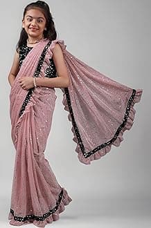 Kids Girls Lycra Blend Saree With Unstitched Sequence Blouse Piece (3-4 yrs to 11-12 yrs) (Baby Pink, 11-12 Years - XL)
