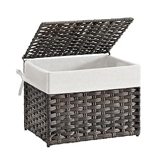 SONGMICS Storage Basket with Lid, Woven Blanket Storage Bin with Handles, Foldable, Removable Liner, Metal Frame, for Bedroom, Laundry Room, 9.2 Gallons (35 L), Brown URST040K01