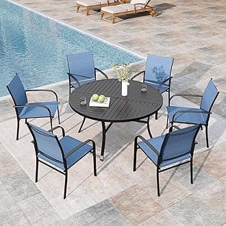 7 Pieces Outdoor Table and Chairs, Patio Dining Set for 6 Includes 54" Round Outdoor Table and 6 Patio Chair Set, Outdoor Dining Furniture Set for Lawn Backyard Deck, Blue