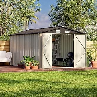 Patiowell 12 x 8 FT Outdoor Storage Shed, Steel Shed Storage House with Design of Lockable Doors, Utility and Tool Storage for Garden, Patio, Backyard, Outside use, Brown