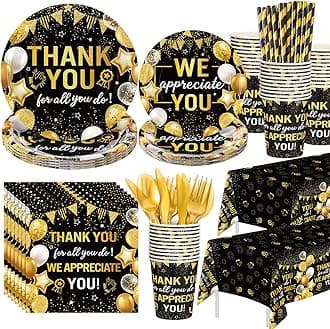 452 Pcs Black Gold We Appreciate You Decorations for 50, Thank You Paper Plates Napkins Cups Tablecloth Cutlery Straws for Employee Housekeeping Week Pastor Appreciation Party Supplies