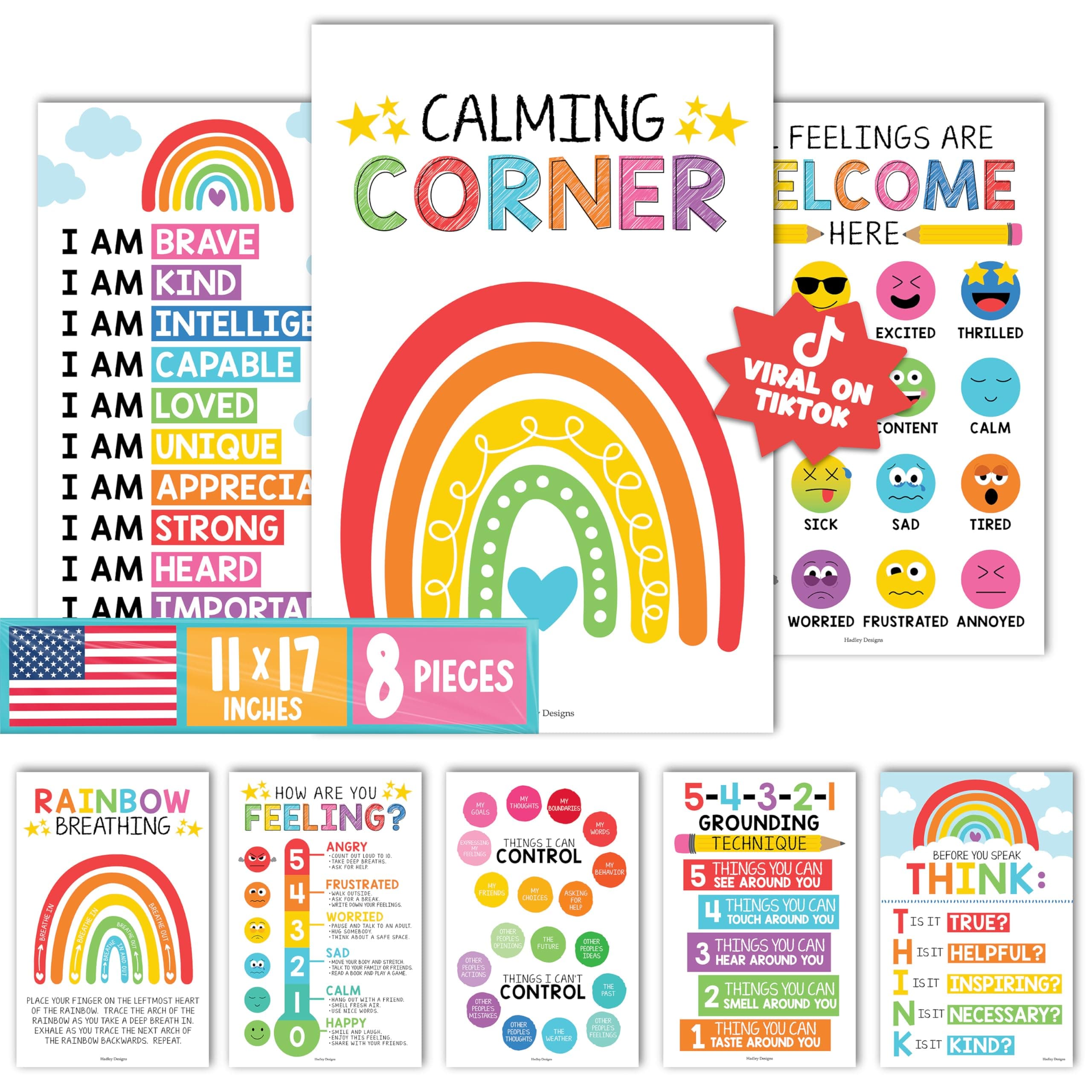 Hadley Designs Calming Corner Posters for Classroom Decor -8 Calm Down Corner Supplies Classroom Must Haves, 11x17 Feelings Emotions Chart for Kids, Rainbow Mental Health Posters for School Counselors