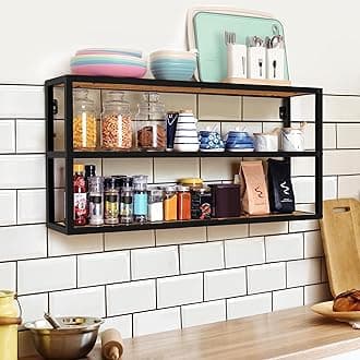 ABOUT SPACE Large Kitchen Rack for Kitchen Accessories - 3 Tier Wall Shelf for Living Room - Table top Rack for Storage and Organizer - Metal Frame with Engineered Wood (Teak Color - L90x B20x H45 cm)