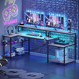 Bestier 71.5 inch Computer Desk with Power Outlets, LED Home Office Desk with Long Monitor Stand, Large Corner Desk with Storage Shelf, Cup Holder & Headset Hooks L Shaped Desk