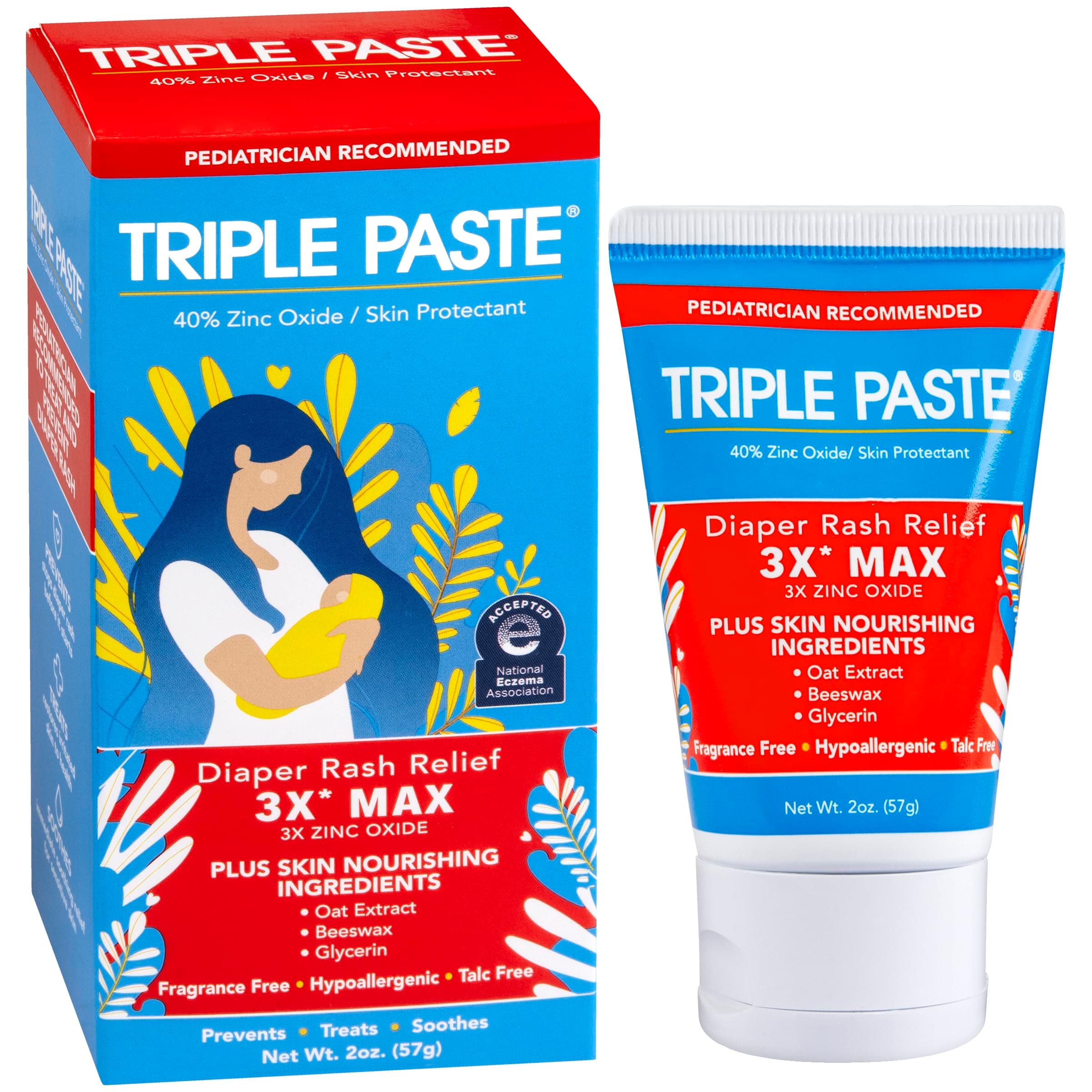 Triple Paste 3X Max Diaper Rash Ointment for Baby, Maximum Strength with 40% Zinc Oxide Ointment for Serious Diaper Rash, 2 oz Tube