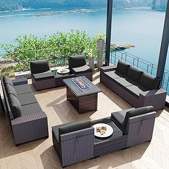 13 Pieces Outdoor Patio Furniture Set with 43" 55000BTU Gas Propane Fire Pit Table PE Wicker Rattan Sectional Sofa Patio Conversation Sets,Black