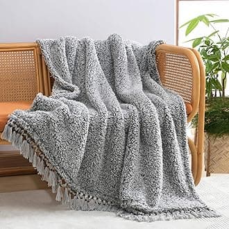 Ultra Soft Cozy Sherpa Throw Blanket, Light Weight Warm Decorative Throw Blanket with Tassel, 2 Tones Ombre Black Pattern Reversible Boho Style Blanket for Sofa, Couch, Bedroom,Travel, 50”x60”