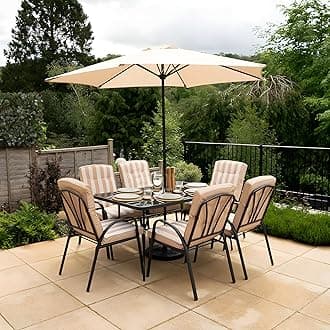 Hectare 6 Seater Metal Garden Furniture Outdoor Dining Set with Table and Parasol in Beige Stripe