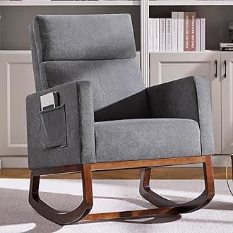 Rocking Chair, Upholstered Glider Chair with Side Pocket, Nursery Chair with High Backrest and Rubber Wood Legs, Rocking Accent Armchair for Living Room Bedroom Nursery, Gray