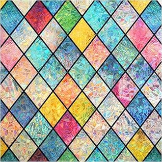 Haton Stained Glass Window Film, Rainbow Window Privacy Film, Decorative Sun Blocking Glass Clings Stickers, Static Cling Colorful Lattice Coverings Decals for Home Door 17.5" x 78.7"