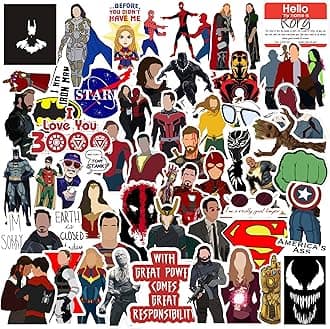 Pack of 52 Waterproof Superhero Vinyl Stickers – Marvel & Avengers Residue-Free Decals for Laptop, Journal, Phone Case, Notebook & More