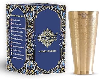 Indian Art Villa Embossed Flower Design Brass Lassi Glass Tumbler, Drinkware Home Restaurant, 15 Oz, Gold