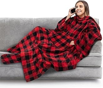PAVILIA Fleece Blanket with Sleeves, Foot Pockets for Women Men Adults, Plush Wearable Blanket Throw Wrap, Warm Snuggle Blanket Robe, Cozy Gift Ideas Wife Mom, Checkered Red