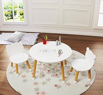 UTEX Kids Wood Table and Chair Set, Kids Play Table with 2 Chairs,3 Pieces Round Play Tablet for Toddlers, Girls, Boys,White