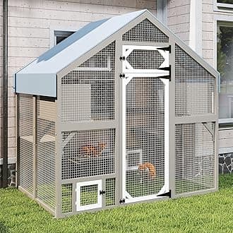 Cat Catio Outdoor Enclosure for Multiple Cats, Large Wooden Walk-in Cat House with Window Connection, 2 Condos, Platforms, Doors, and Weatherproof Roof Cover (69.5" L x 47" W x 71" H)