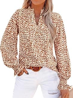 MASCOMODA Womens V Neck Floral Long Sleeve Tops 2025 Summer Casual Loose Puff Sleeve Chiffon Boho Work Blouse Dressy T Shirts