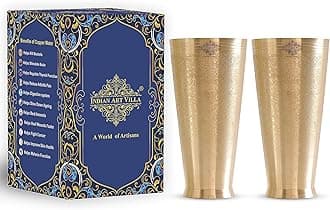 Brass Lassi Glass Tumbler, Embossed Flower Design, Drinkware, 23 Oz Each, Set of 2