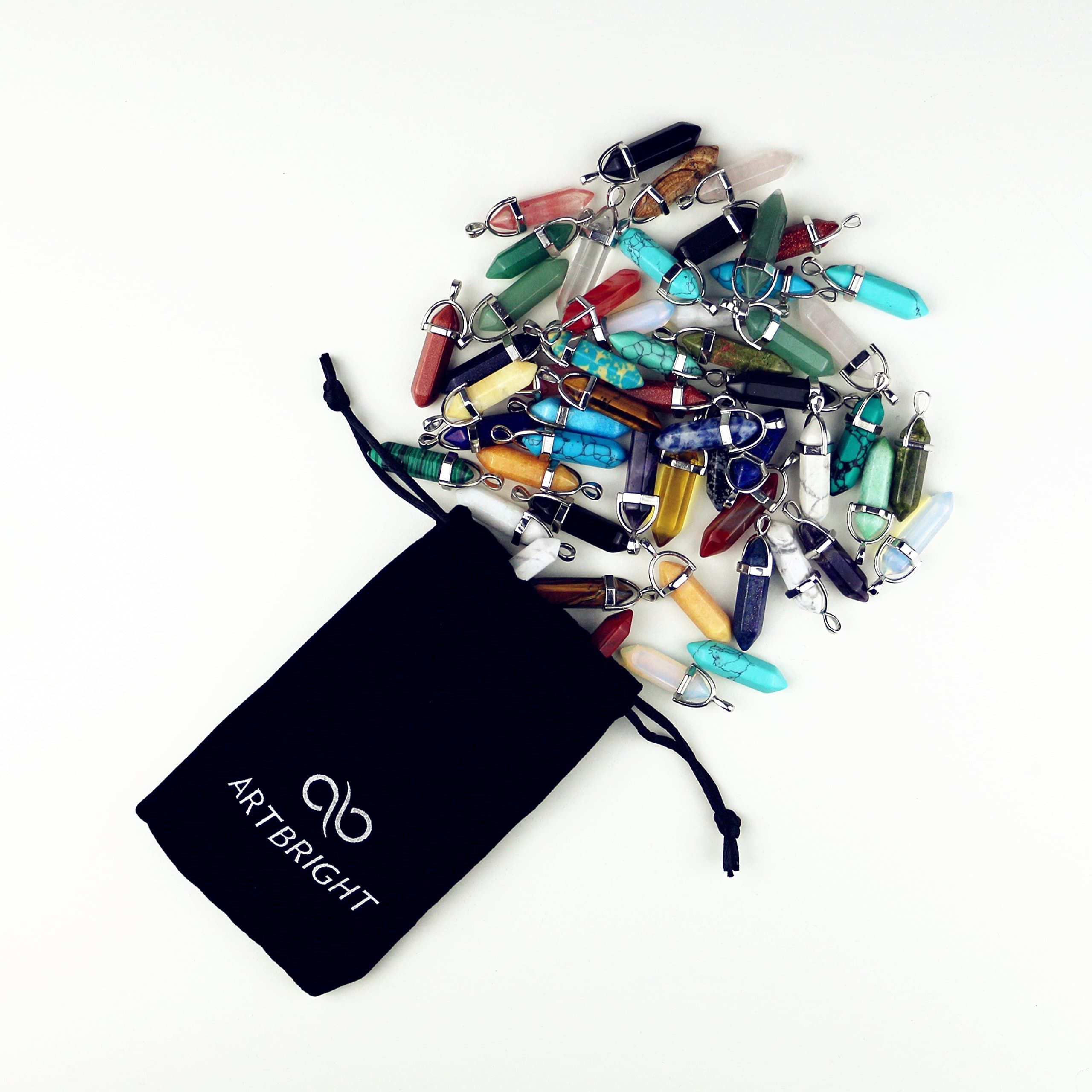 ARTBRIGHT Multicolor Gemstone Bullet Shape Healing Pointed Chakra Beads Crystal Quartz Stone Randow Color Pendants for Necklace Jewelry Making (15pcs)