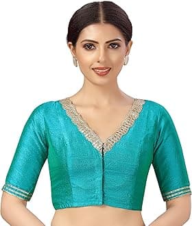 Studio ShringaarWomen's Readymade Silky Saree Blouse Elbow Length Sleeves With Embroidered Neckline Choli