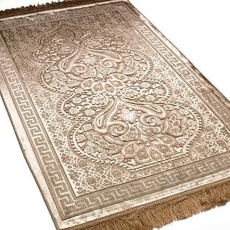 Modefa Velvet Islamic Prayer Rug with Prayer Beads Turkish Janamaz Sajadah Floral Luxury Plush Paisley (Golden Beige)