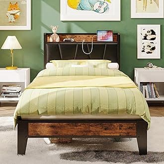 LIKIMIO Twin XL Bed Frames, Storage Headboard with Charging Station, Solid and Stable, Noise Free, No Box Spring Needed, Easy Assembly (Vintage and Black)