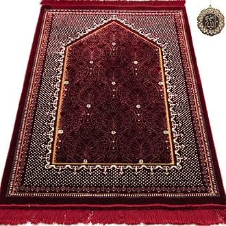 Modefa Velvet Prayer Rug | with Car Hanger | Janamaz Sajjadah Musalla | Thick Plush Wide - Topkapi (Red)