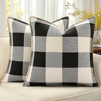 decorUhome Buffalo Check Plaid Cushion Covers Linen Farmhouse Trimmed Edge Decorative Cushion Covers for Sofa 45x45cm, Black and White, Set of 2