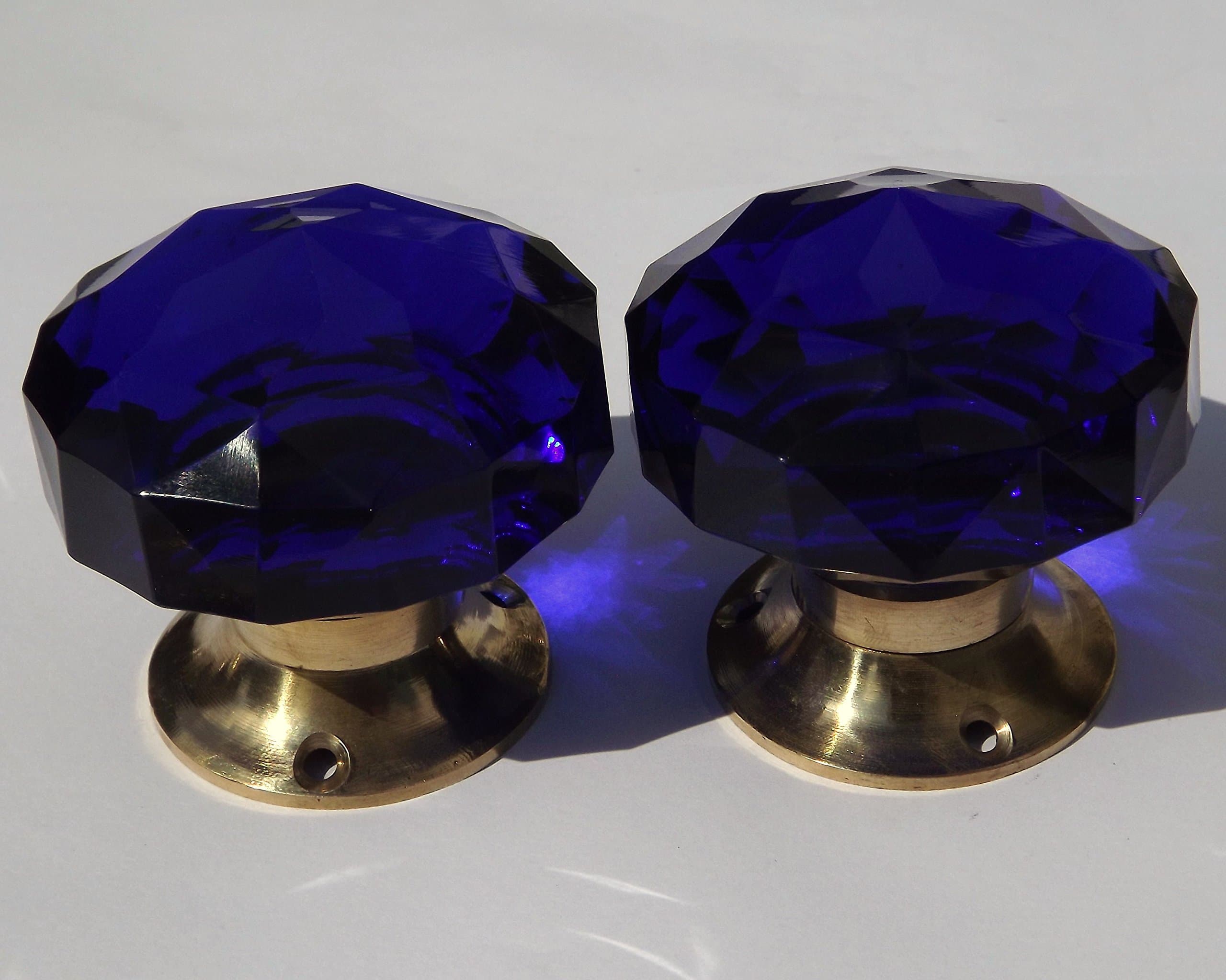 Peter SharpeDoor knobs mortice, Dark Blue large cut glass Brass base (pair)