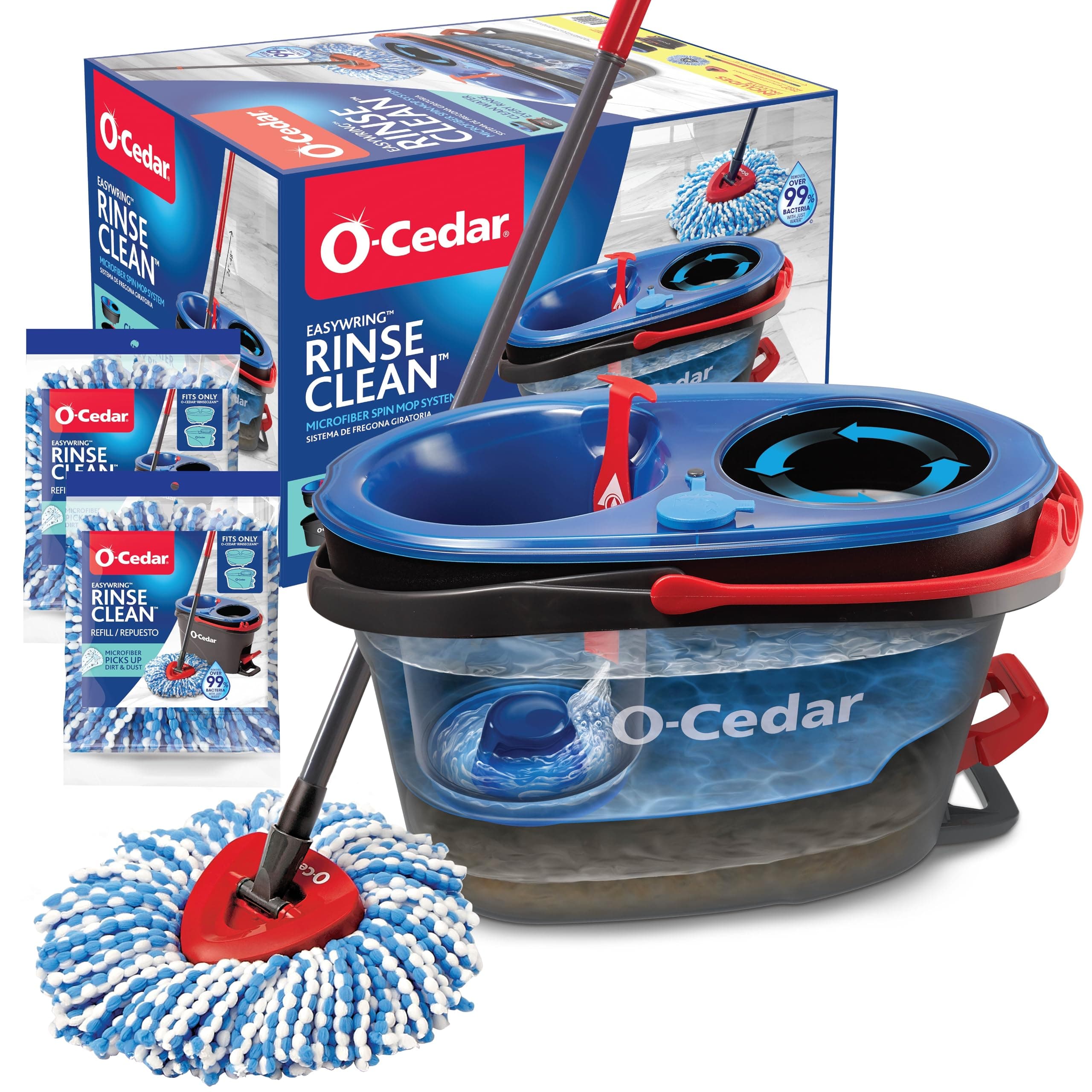 O-Cedar RinseClean Spin Mop & Bucket System + 2 Extra Mop Heads | Clean with Water | Kills 99% of Bacteria